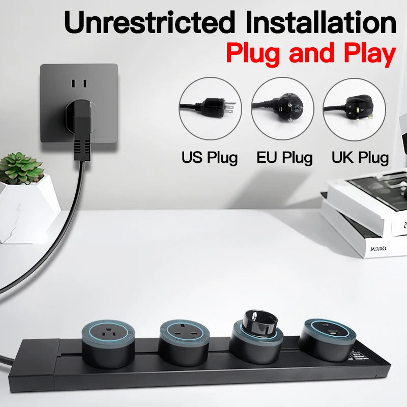Power track outlet rail showing modular sliding sockets with USB-C and multiple adapters for US, EU, UK plugs