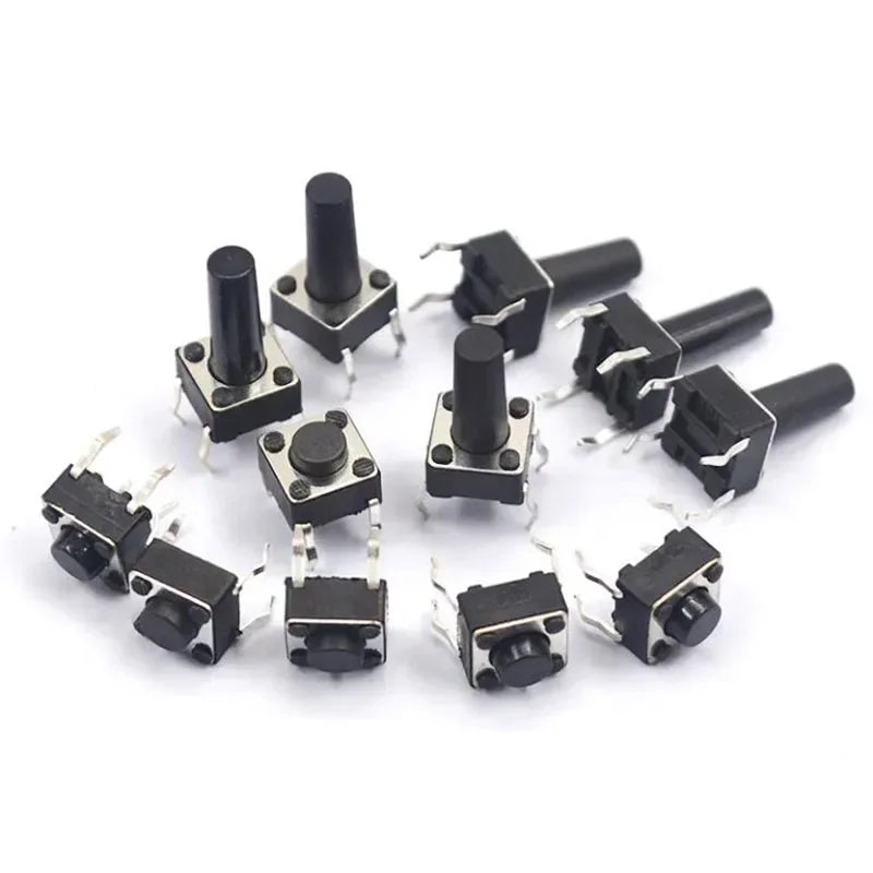 DIP 4-pin momentary light touch push button switch showing miniature design and pin layout