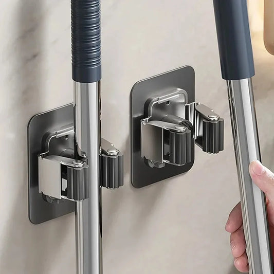 Multi-purpose mop and broom hanger with storage hooks