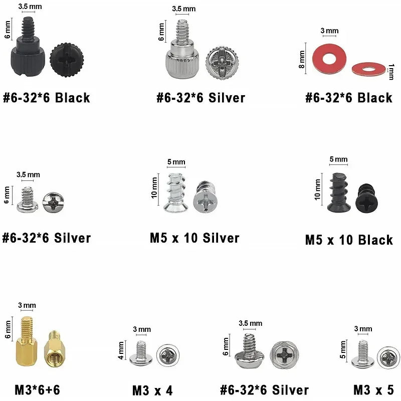 Motherboard standoffs and screws showing different sizes and types for computer assembly