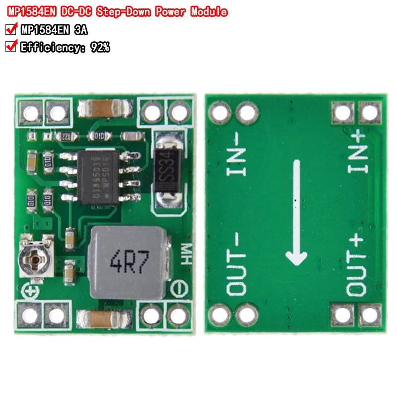 Adjustable MP1584EN DC-DC step-down power module, 3A output, supports 3V/5V/9V/12V, ideal for DIY electronics, Arduino projects, and power supply applications