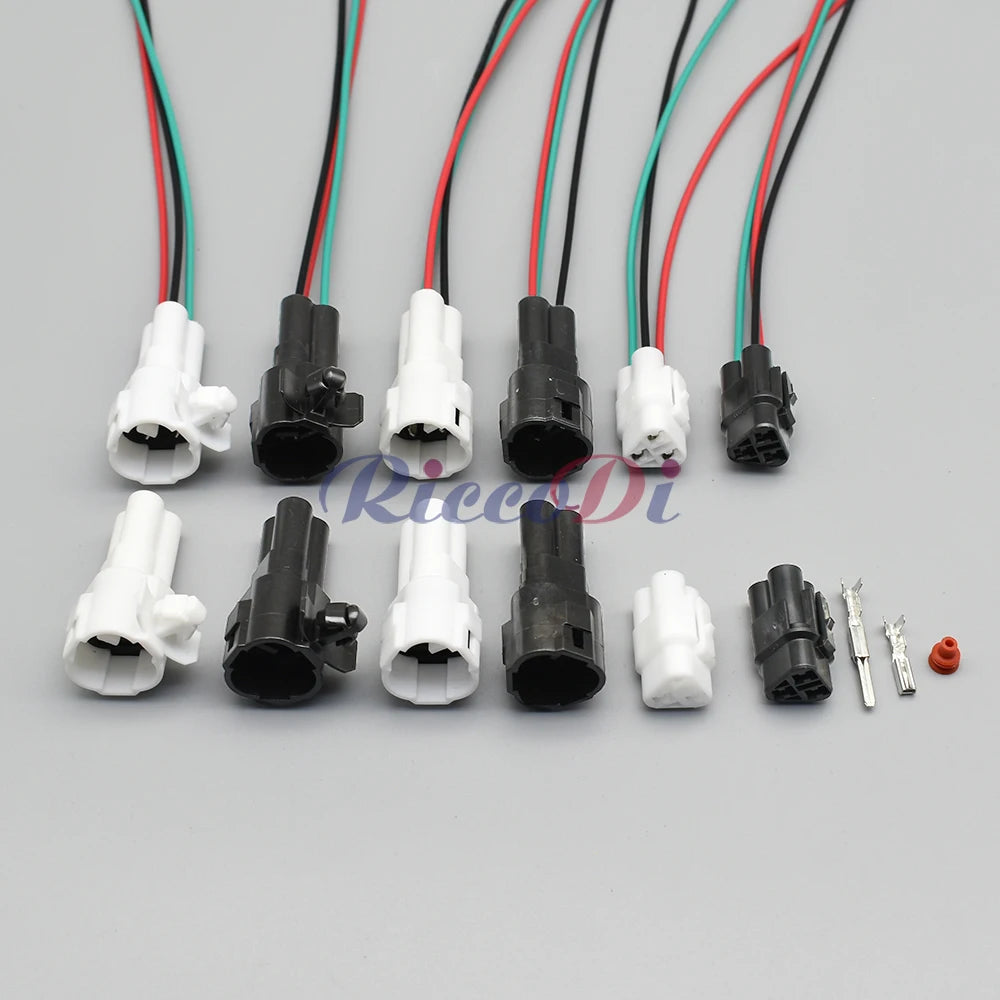 Close-up of 3-Pin terminals in MT 2.2mm sealed white male female connector 6180-3241 6187-3271