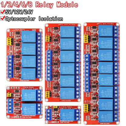 5V 12V 24V multi-channel relay module board with optocoupler, supporting high and low level trigger for Arduino and DIY electronics