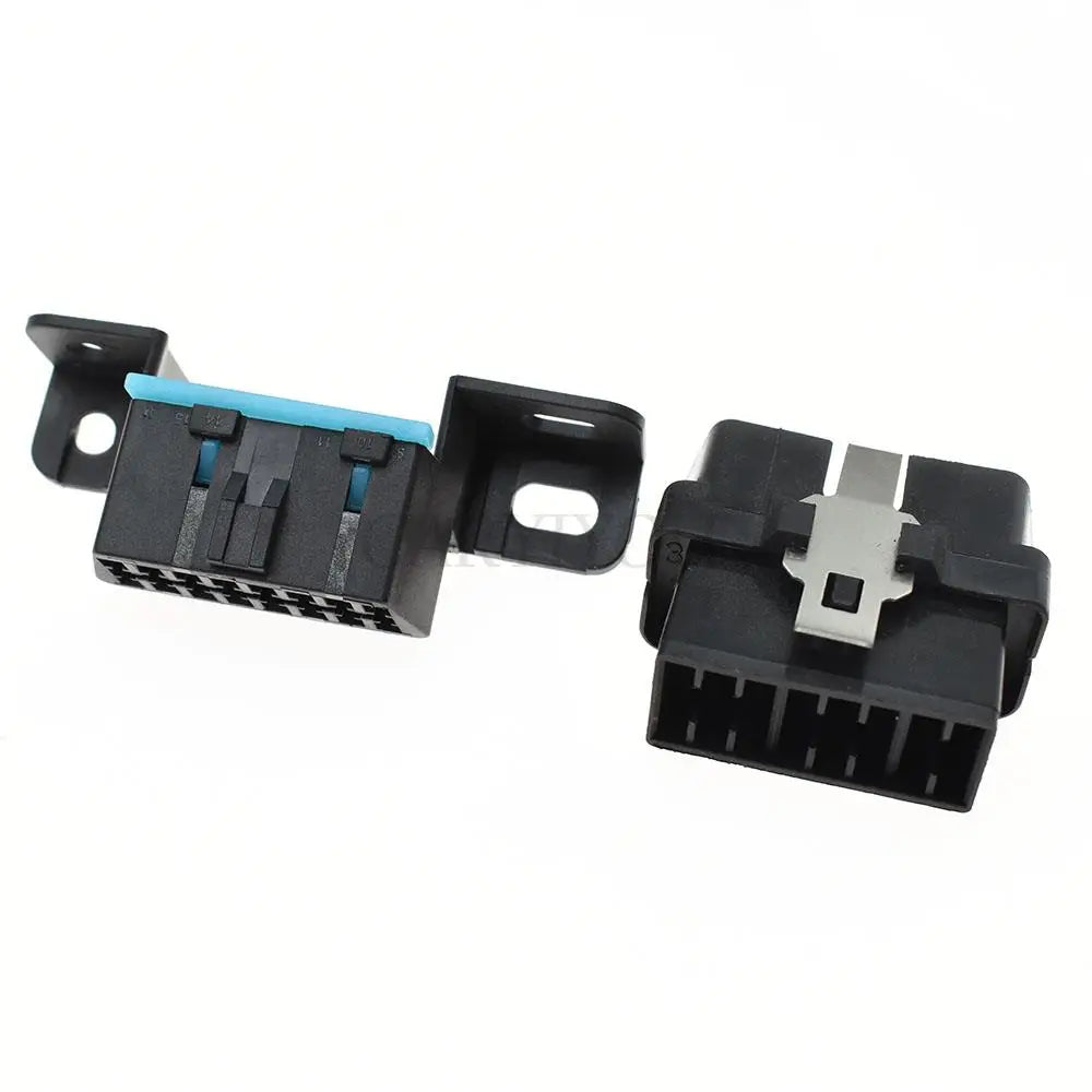 16 pin automobile black female OBD2 connector showing terminal layout and locking design