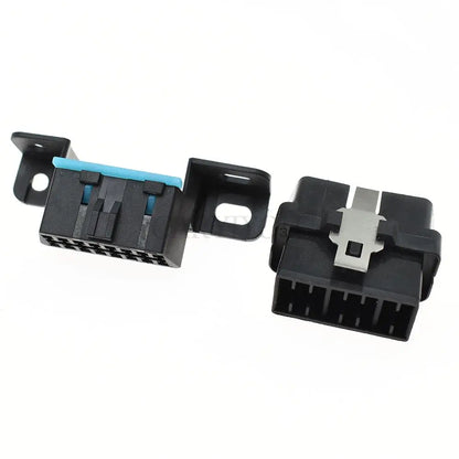 16 pin automobile black female OBD2 connector showing terminal layout and locking design