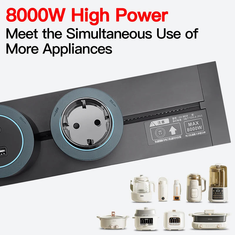 Wall-mounted modular power track outlet used in office and home with USB-C and international adapters