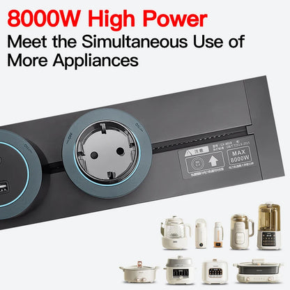 Wall-mounted modular power track outlet used in office and home with USB-C and international adapters