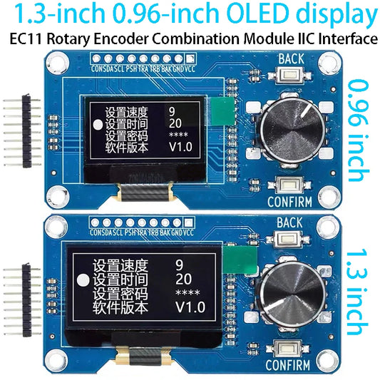 1.3-inch and 0.96-inch OLED display module with EC11 rotary encoder and I2C interface for Arduino and DIY electronics projects
