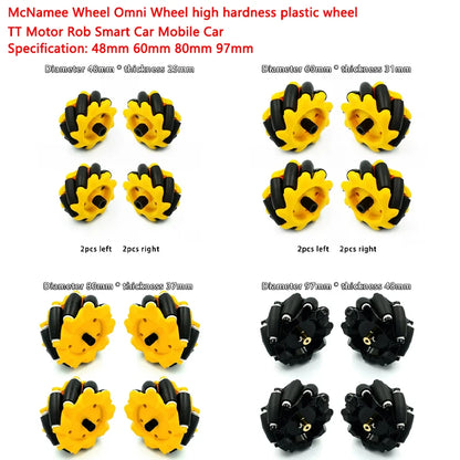 Omnidirectional Mecanum wheels in high-hardness plastic with 6mm bushings, compatible with TT motor robots and smart car DIY projects