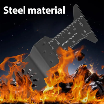 Detailed view of V-shaped carbide oscillating saw blade quick release design