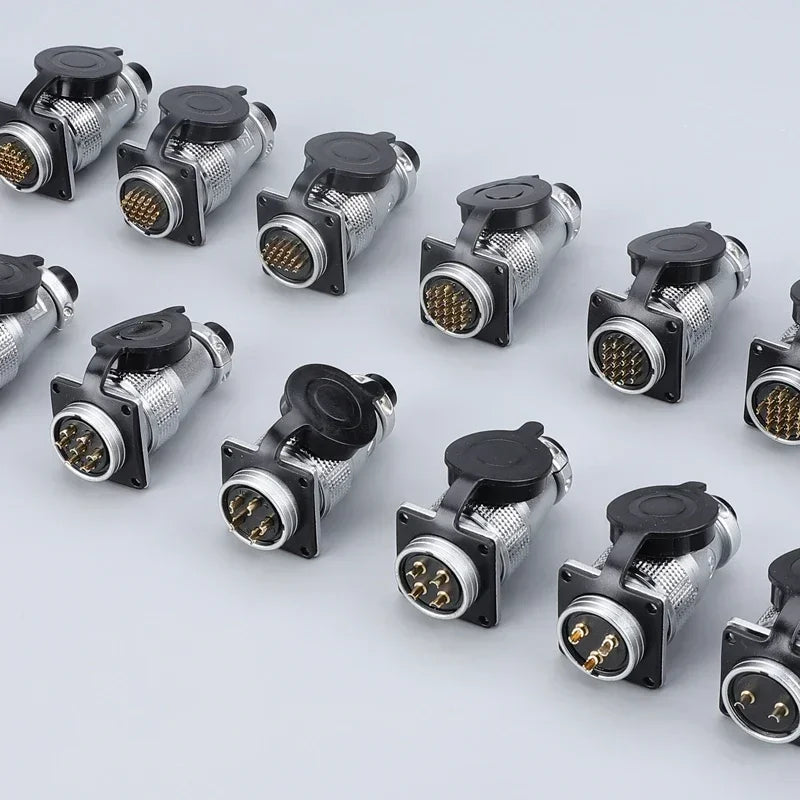 Close-up of P28 aviation connector, square flange socket with male and female circular butt joint, various pin options P28K2Q PLS28
