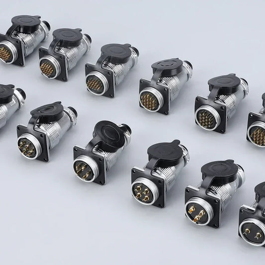 Close-up of P28 aviation connector, square flange socket with male and female circular butt joint, various pin options P28K2Q PLS28