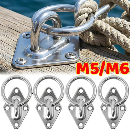 Close-up of stainless steel pad eye plate hook ring for sun shade sail and hammock