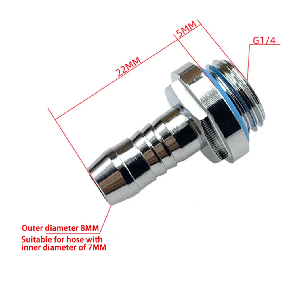 Structure of water cooling barb fitting showing 2-touch G1/4 thread and waterproof sealing ring, 4–14mm