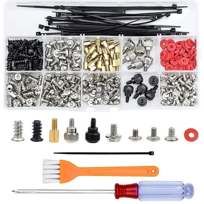Motherboard standoffs and hard drive screws used for assembling HDD, SSD, PC cases, and mainboards