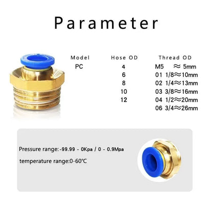 Pneumatic fitting air connector PC showing 1/8" 1/4" 3/8" 1/2" threaded hose fittings