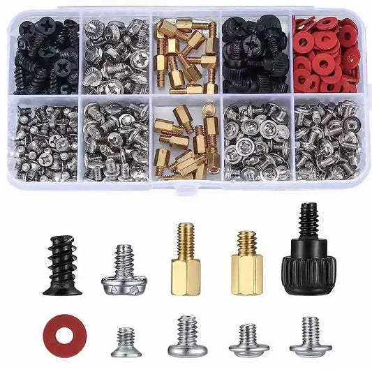 Assortment of motherboard standoffs, PC screws, and hard drive screws for HDD, SSD, and PC case