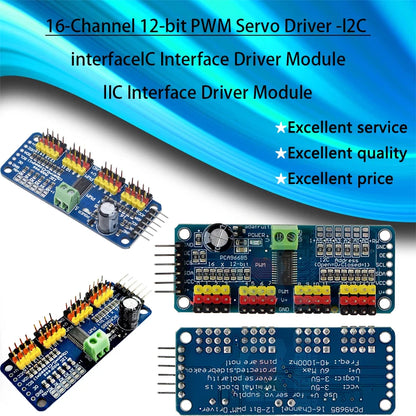 16-channel 12-bit PWM servo driver module PCA9685 with I2C interface, compatible with Arduino and Raspberry Pi for DIY robotics projects