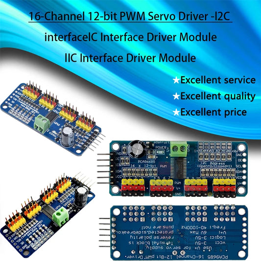 16-channel 12-bit PWM servo driver module PCA9685 with I2C interface, compatible with Arduino and Raspberry Pi for DIY robotics projects