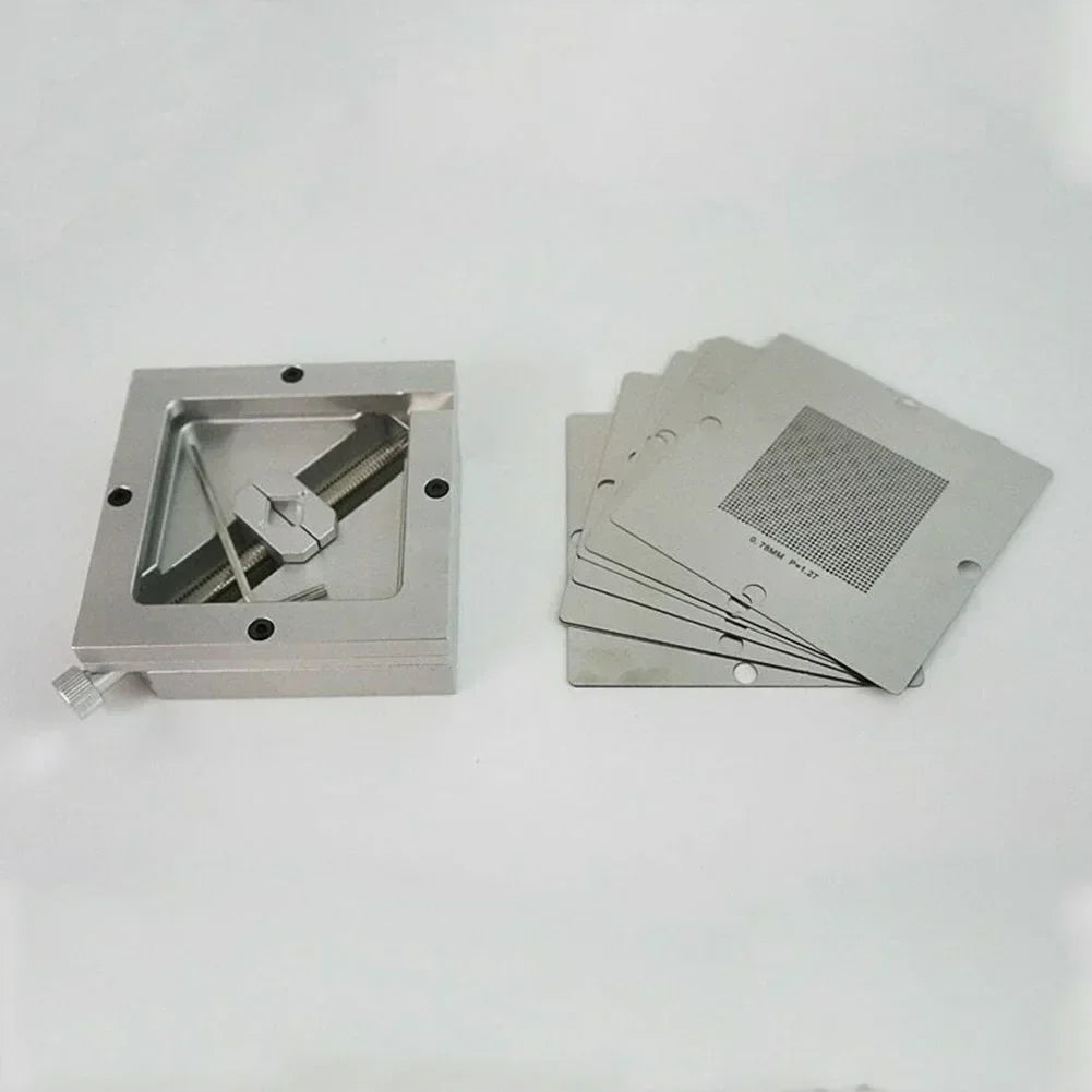BGA reballing kit used for precise PCB soldering and CNC applications with fixture jig and templates