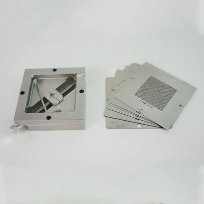 BGA reballing kit used for precise PCB soldering and CNC applications with fixture jig and templates