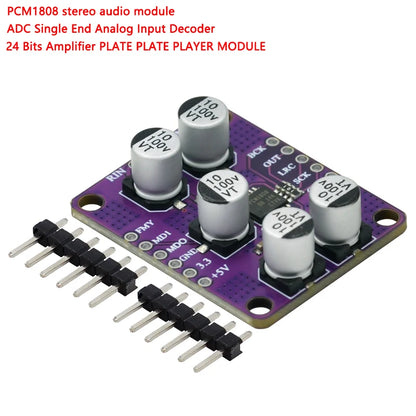 PCM1808 24-bit stereo audio ADC module with 105dB SNR, single-ended analog input, ideal for amplifier, turntable, and audio DIY projects