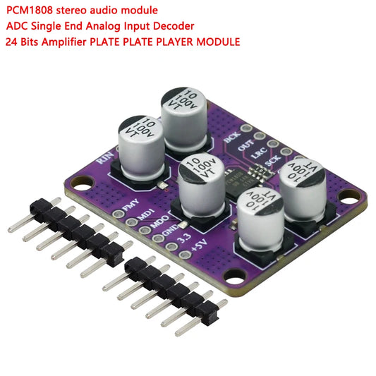PCM1808 24-bit stereo audio ADC module with 105dB SNR, single-ended analog input, ideal for amplifier, turntable, and audio DIY projects