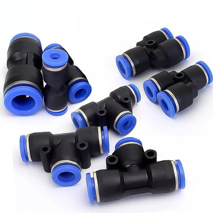 PE and PEG plastic pneumatic tee fittings, push-in quick connector for air compressor hoses and fluid systems
