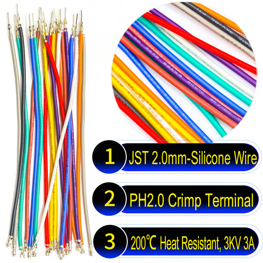 JST PH 2.0mm Male-Female Extension Pre-Crimped Terminal Silicone Cable (Without Connector), 22AWG UL3239 Soft Wire 200℃ Heat Resistant 3KV 3A
