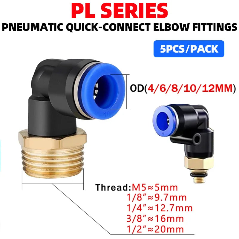 PL 4-12mm pneumatic elbow quick connector with 1/8-1/2 thread PL series air hose fittings for industrial PL6/8/10