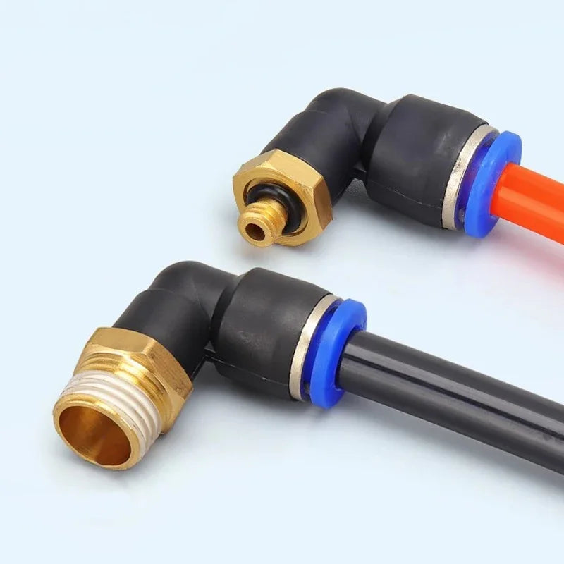 PL series pneumatic elbow connector showing 1/8-1/2 thread for industrial air hose applications
