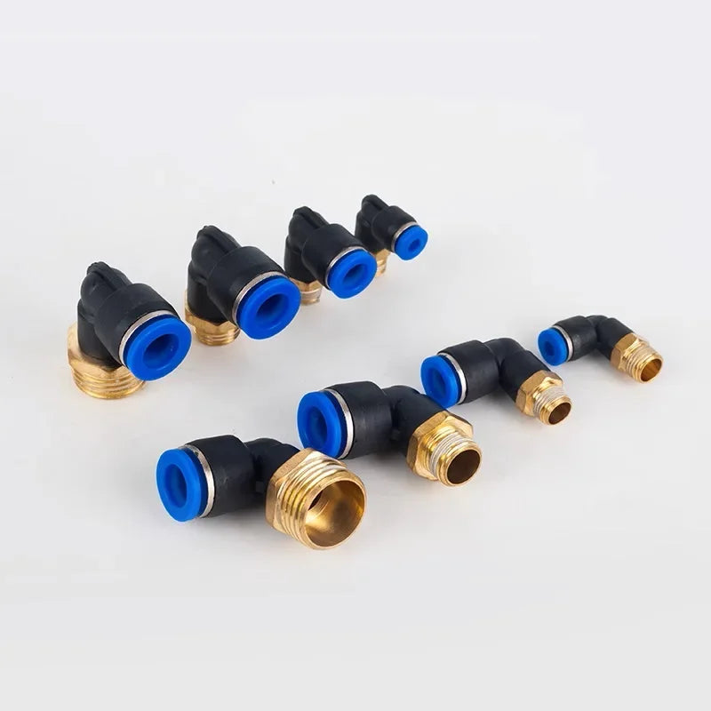 PL push fit lock male elbow fitting showing internal locking and pneumatic connection design