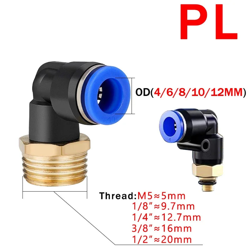 PL pneumatic elbow quick connector showing internal push-to-connect locking structure for PL6/8/10 tubes