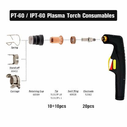 Plasma torch tip and electrode structure for PT60 PT40 IPT-40, showing 1.0mm nozzle and electrode fit