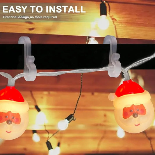 Close-up of plastic gutter hook clip for Christmas icicle and fairy string lights