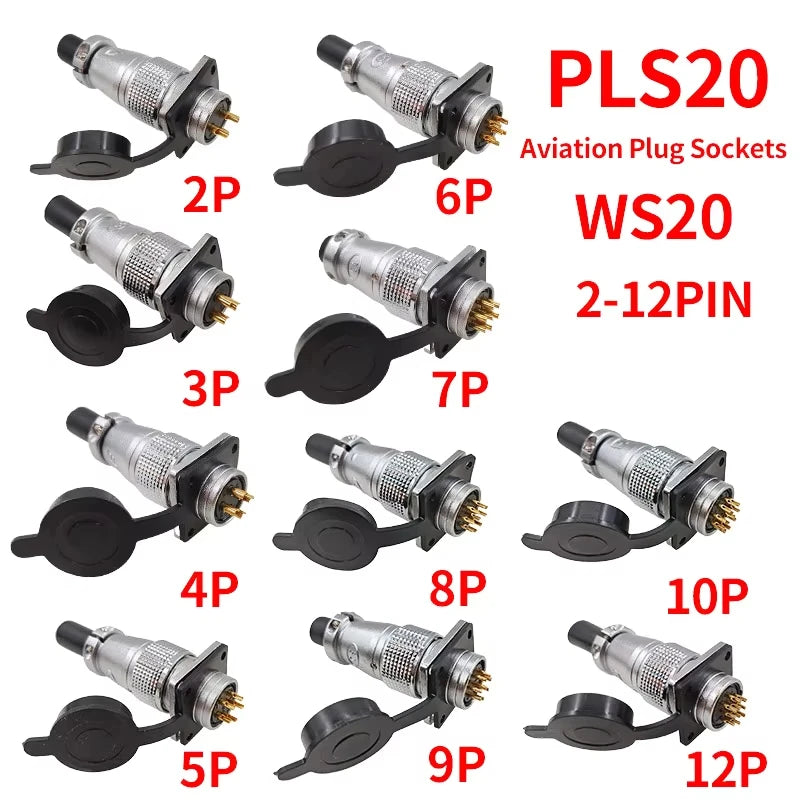 PLS20 WS20 TP20 aviation connector 20mm opening diameter 2-12 pin male female circular plug socket metal shell waterproof IP67