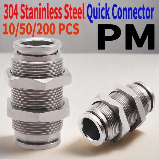 PM type 304 stainless steel bulkhead pneumatic connector, push-in hose fitting 4–16mm for air, gas, and fluid pipe connection