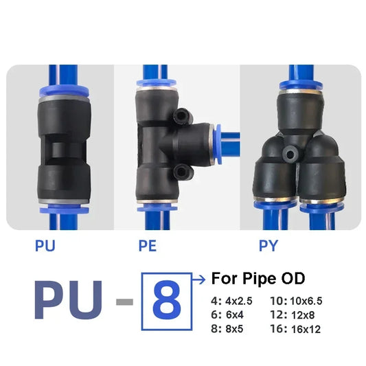 Pneumatic tube connector showing OD 4mm 6mm 8mm 10mm 12mm multiple type quick couplings