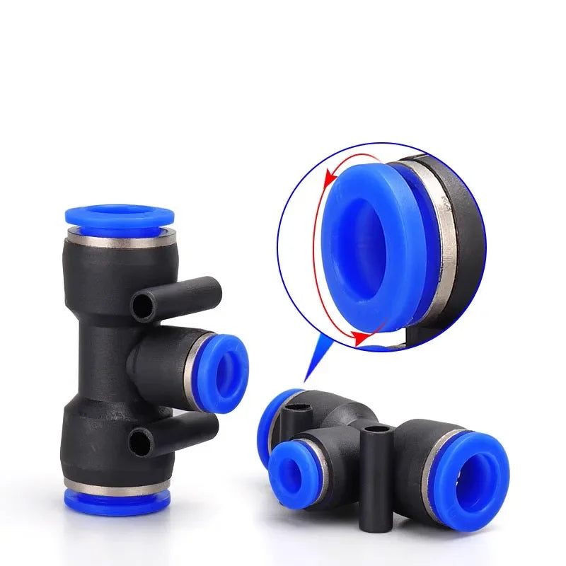 Push-in quick connector PE4 PEG6 plastic tee fitting for pneumatic air compressor and fluid system hoses
