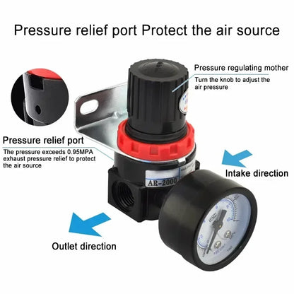 AR2000 air compressor pressure regulator showing 1/4'' BSP thread and multiple fitting sizes 2MM, 4MM, 6MM, 8MM, 10MM