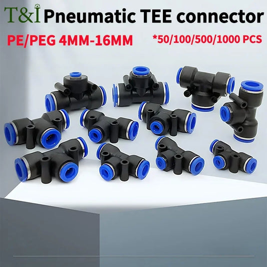 Pneumatic push-in quick connector PE/PEG plastic tee fittings (PE4 PEG6-4/8-4/8-6/10-6/8) for air compressor fluid systems hose
