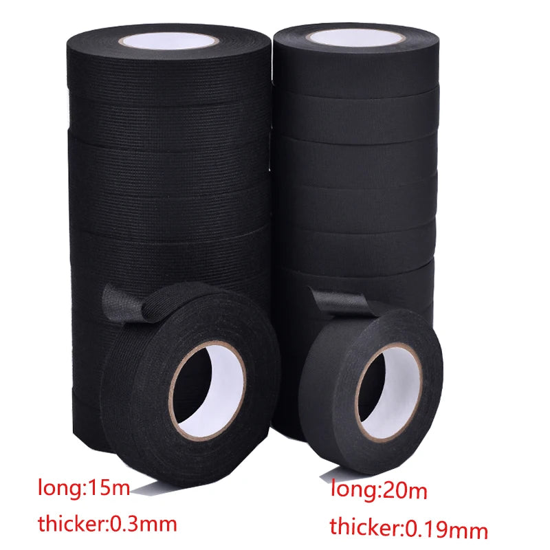Polyester cloth tape showing width range 19mm–25mm for automotive wiring applications