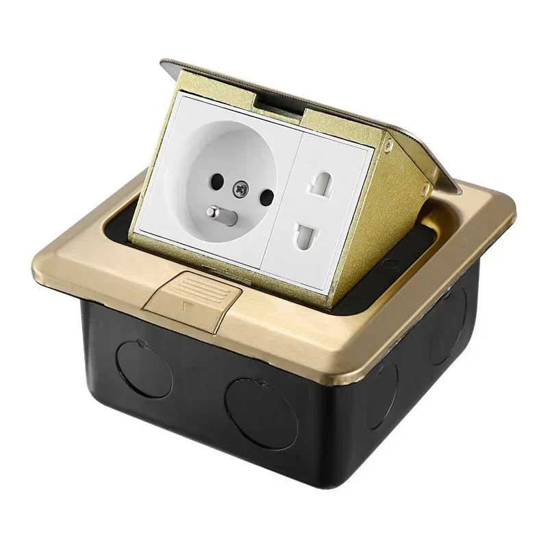 Close-up of floor electrical outlet pop up, waterproof sockets for kitchen countertop, stainless steel box with golden cover, 15A