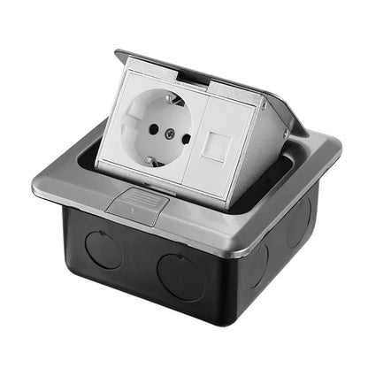 Structure of floor electrical pop up outlet, stainless steel box, golden cover, 15A waterproof socket for countertop installation