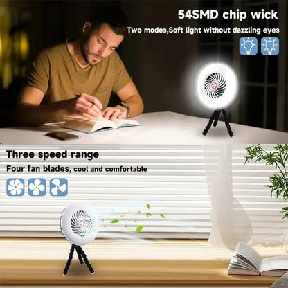 Portable fan lantern with LED lighting for camping