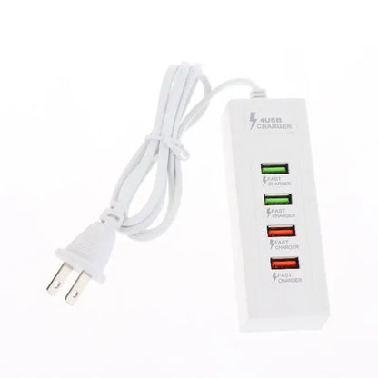 Compact travel charger with 4 USB ports, USB-C and standard USB for mobile device charging