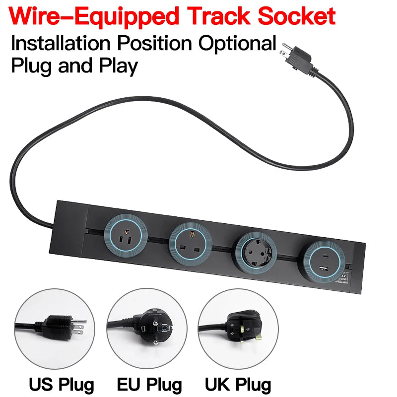Series of wall-mounted power track outlet rails with USB-C and US/EU/UK adapters, grey and black, for home and office