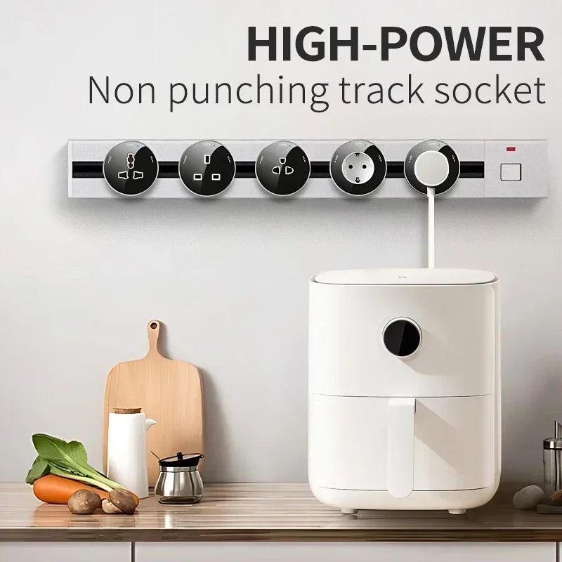 Power track system with removable outlet adapter, universal socket for electric plug connection