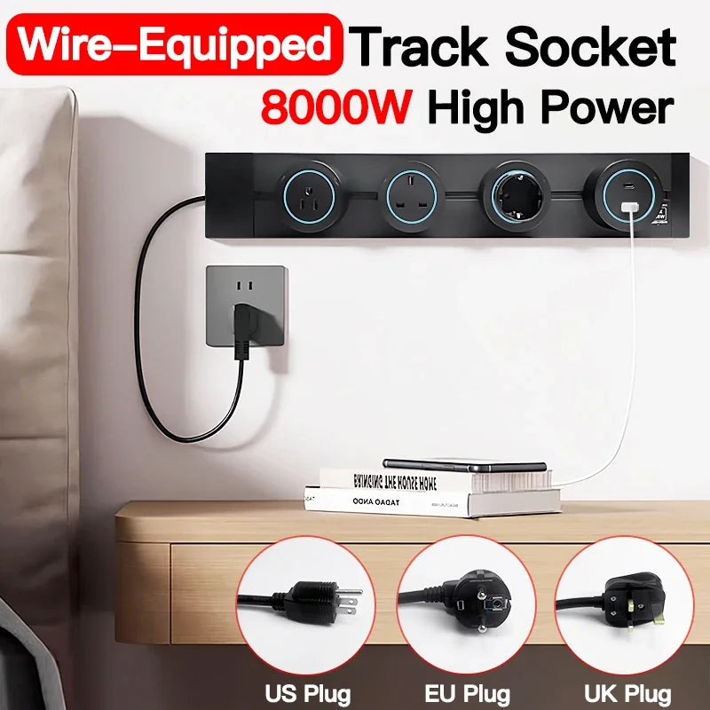Power track socket rail with USB Type-C, wall mounted modular outlet strip, US/EU/UK adapters, 40-50cm, grey black