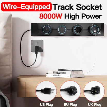 Power track socket rail with USB Type-C, wall mounted modular outlet strip, US/EU/UK adapters, 40-50cm, grey black
